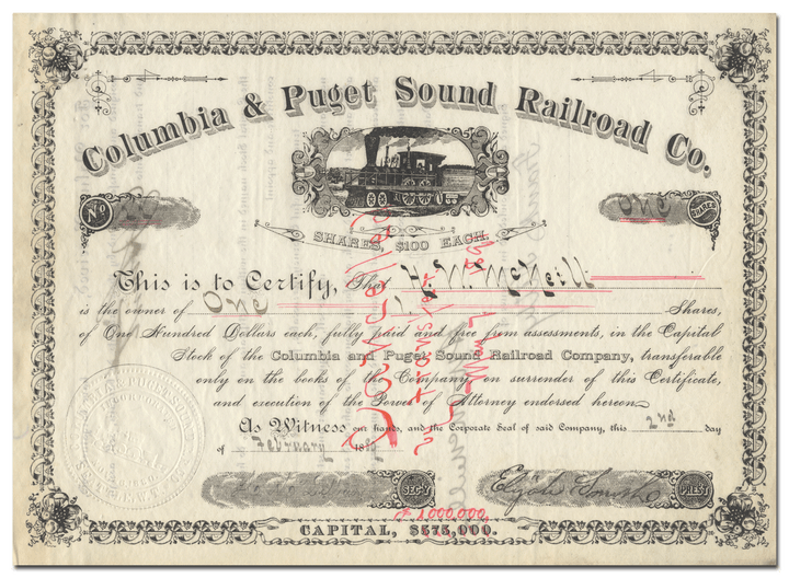 Columbia & Puget Sound Railroad Company Stock Certificate