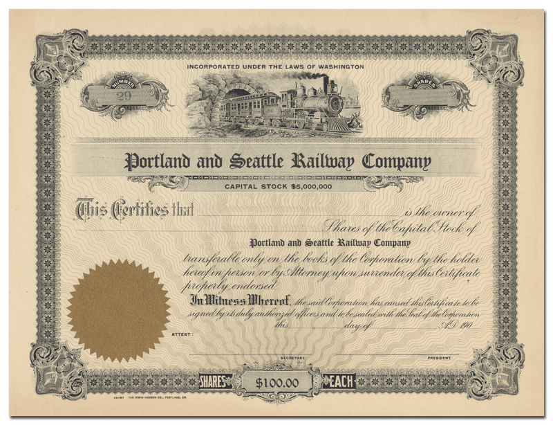 Portland and Seattle Railway Company Stock Certificate