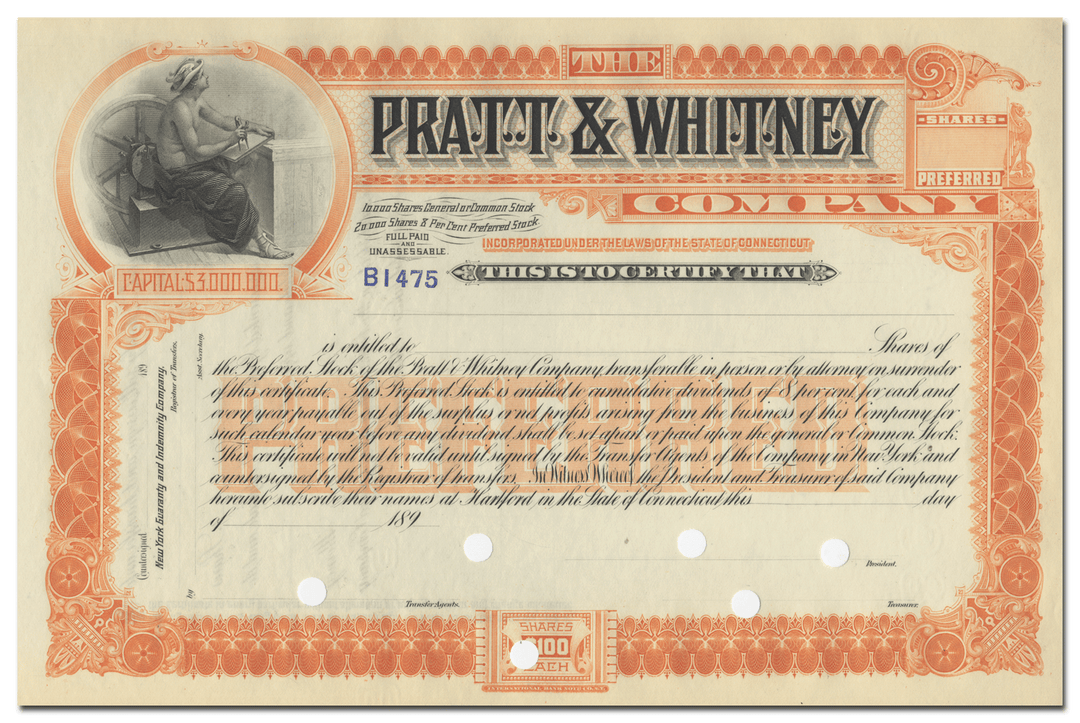 Pratt & Whitney Company Stock Certificate