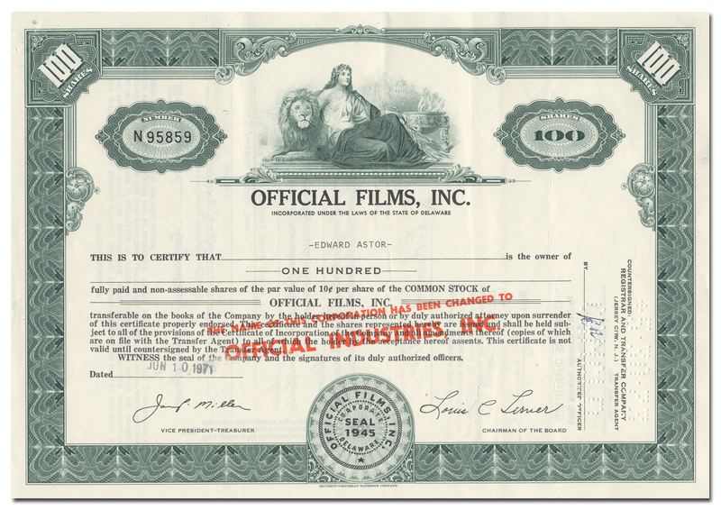 Official Films, Inc. Stock Certificate