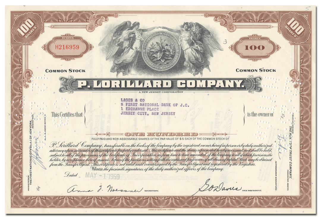 P Lorillard Company Stock Certificate