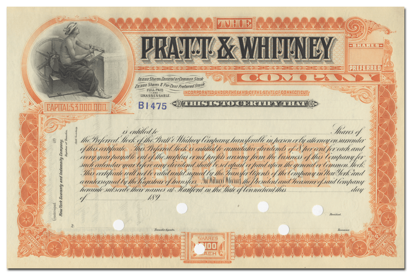 Pratt & Whitney Company Stock Certificate