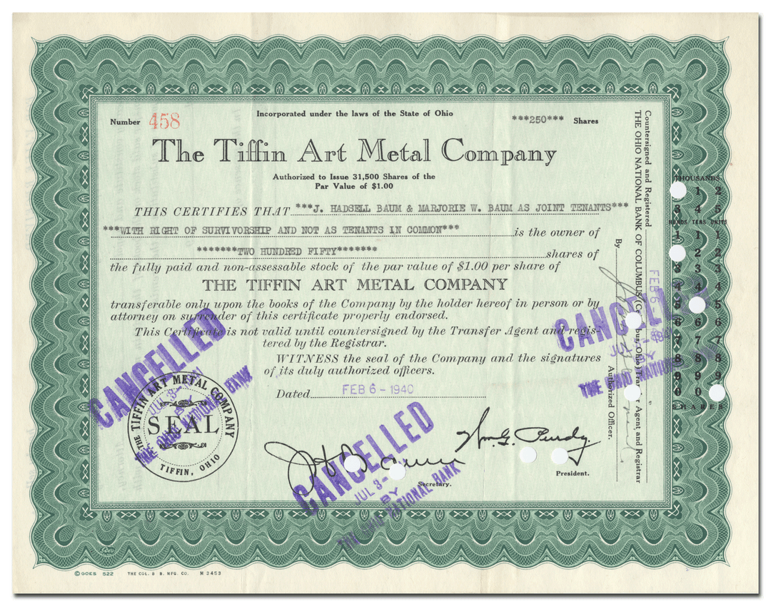 Tiffin Art Metal Company Stock Certificate