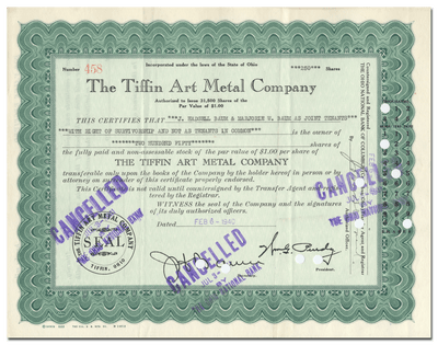 Tiffin Art Metal Company Stock Certificate