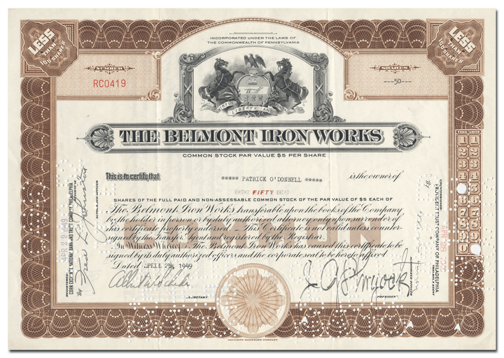 Belmont Iron Works Stock Certificate