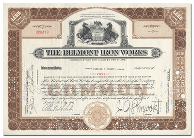 Belmont Iron Works Stock Certificate