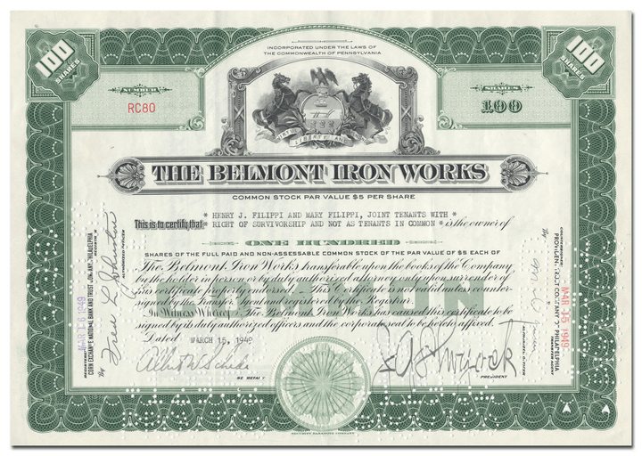 Belmont Iron Works Stock Certificate