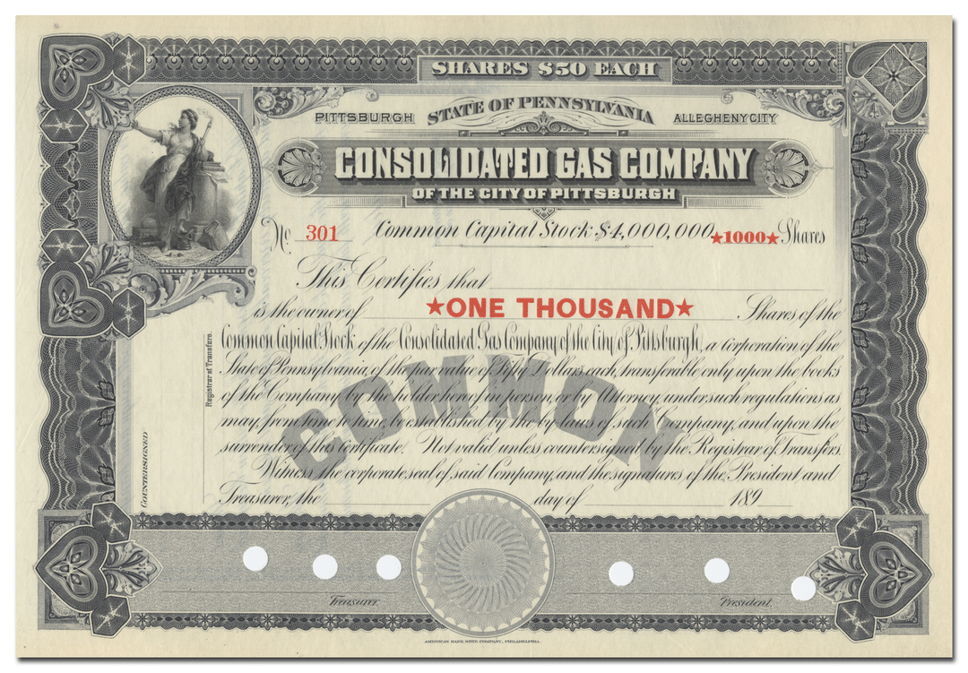 Consolidated Gas Company of the City of Pittsburgh Stock Certificate