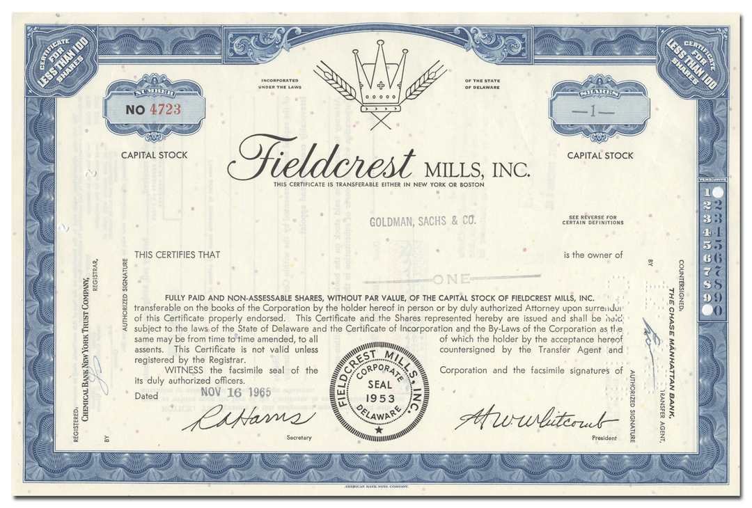 Fieldcrest Mills, Inc. Stock Certificate