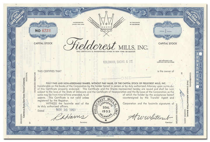 Fieldcrest Mills, Inc. Stock Certificate