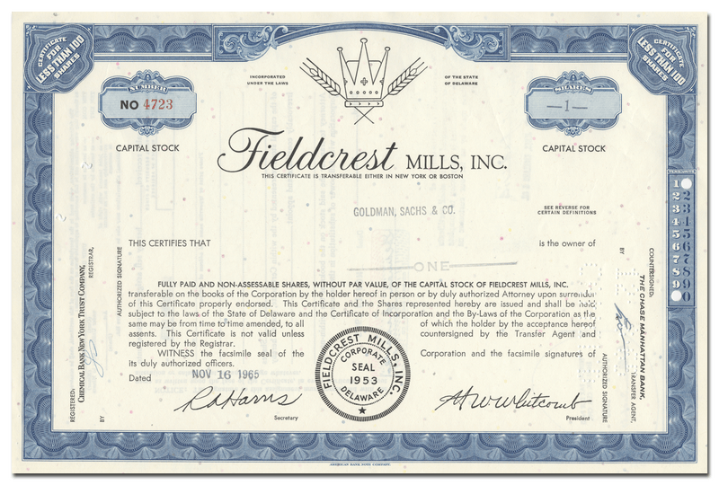 Fieldcrest Mills, Inc. Stock Certificate
