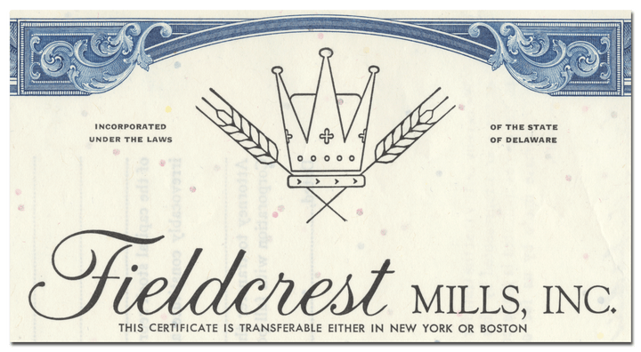 Fieldcrest Mills, Inc. Stock Certificate