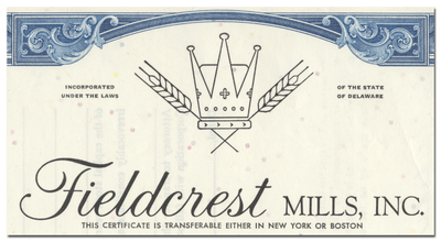 Fieldcrest Mills, Inc. Stock Certificate