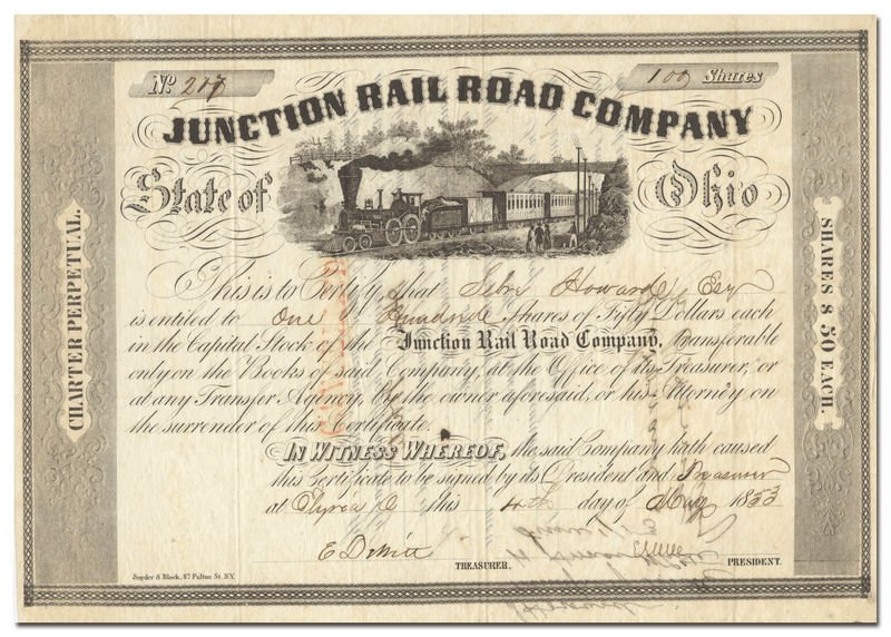 Junction Rail Road Company Stock Certificate