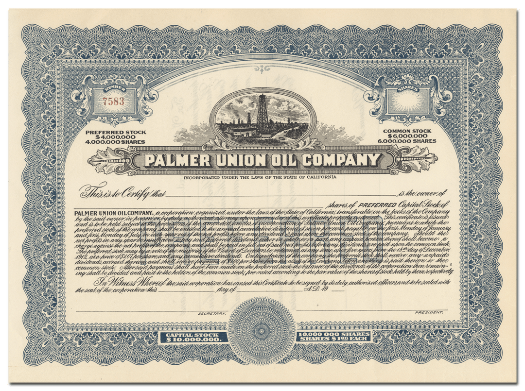 Palmer Union Oil Company Stock Certificate