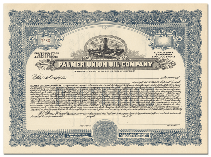 Palmer Union Oil Company Stock Certificate