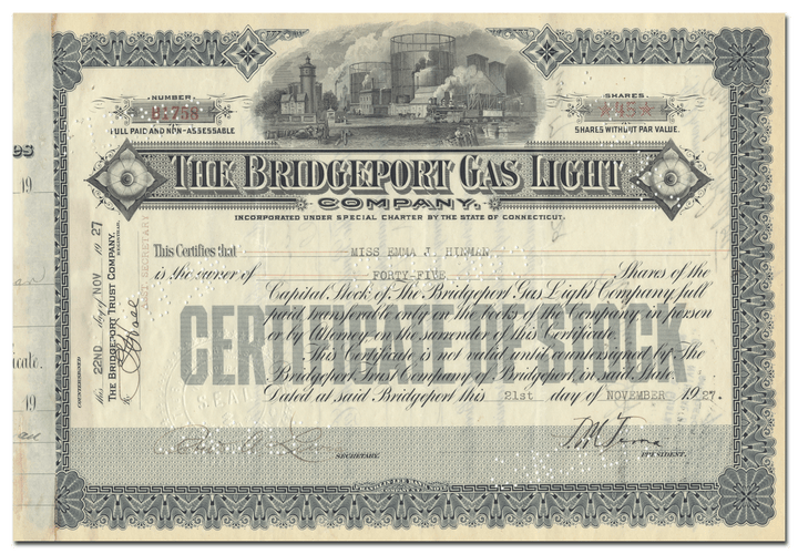 Bridgeport Gas Light Company Stock Certificate