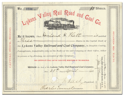 Lykens Valley Rail Road and Coal Co. Stock Certificate