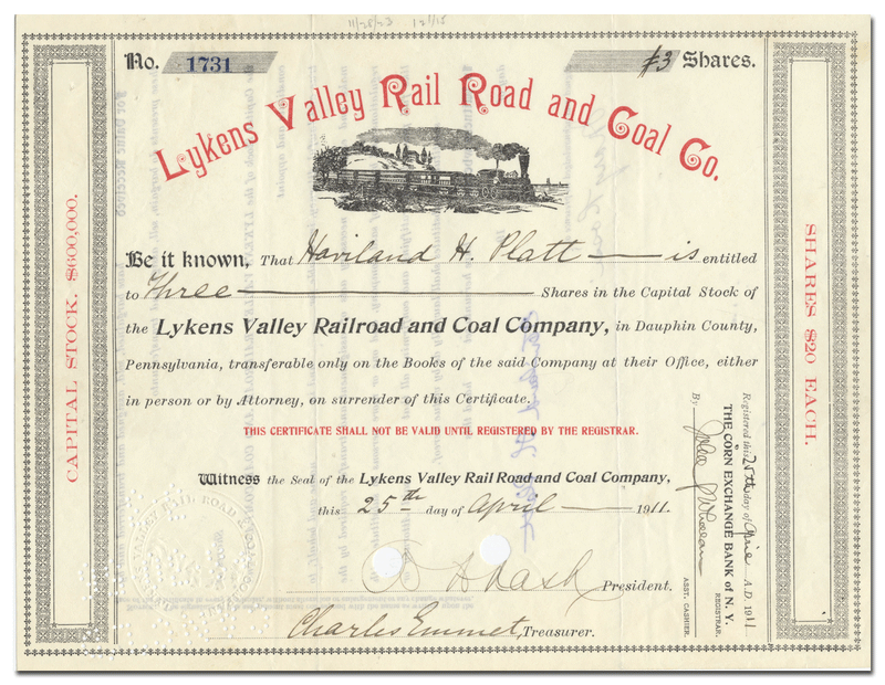 Lykens Valley Rail Road and Coal Co. Stock Certificate