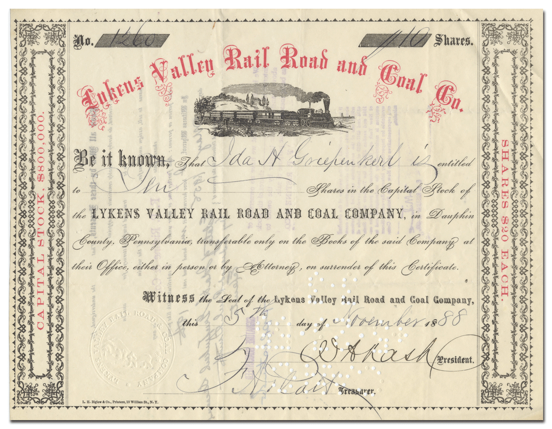 Lykens Valley Rail Road and Coal Co. Stock Certificate