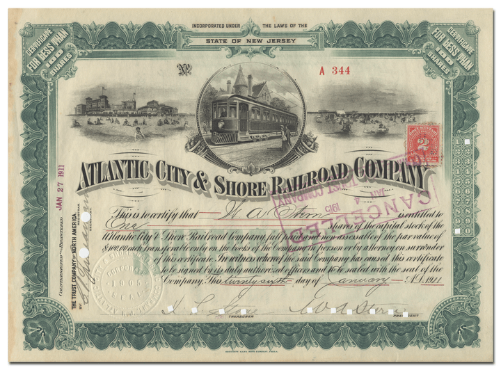 Atlantic City & Shore Railroad Company Stock Certificate