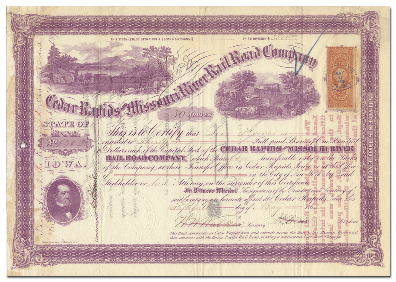 Cedar Rapids and Missouri River Rail Road Company Stock Certificate Signed by John Insley Blair