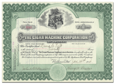 Cigar Machine Corporation of America Stock Certificate