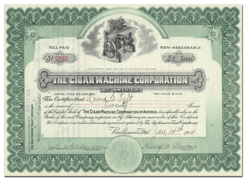 Cigar Machine Corporation of America Stock Certificate