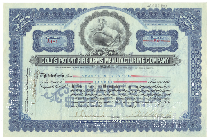 Colt's Patent Fire Arms Manufacturing Company Stock Certificate