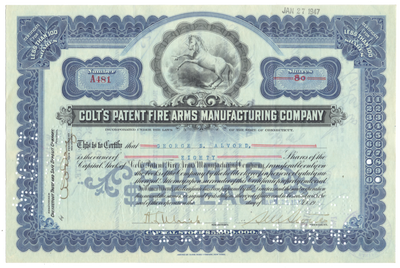 Colt's Patent Fire Arms Manufacturing Company Stock Certificate