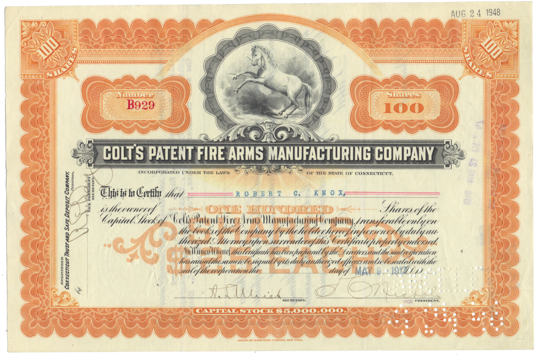 Colt's Patent Fire Arms Manufacturing Company Stock Certificate