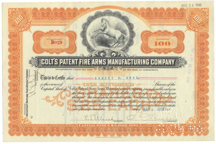 Colt's Patent Fire Arms Manufacturing Company Stock Certificate