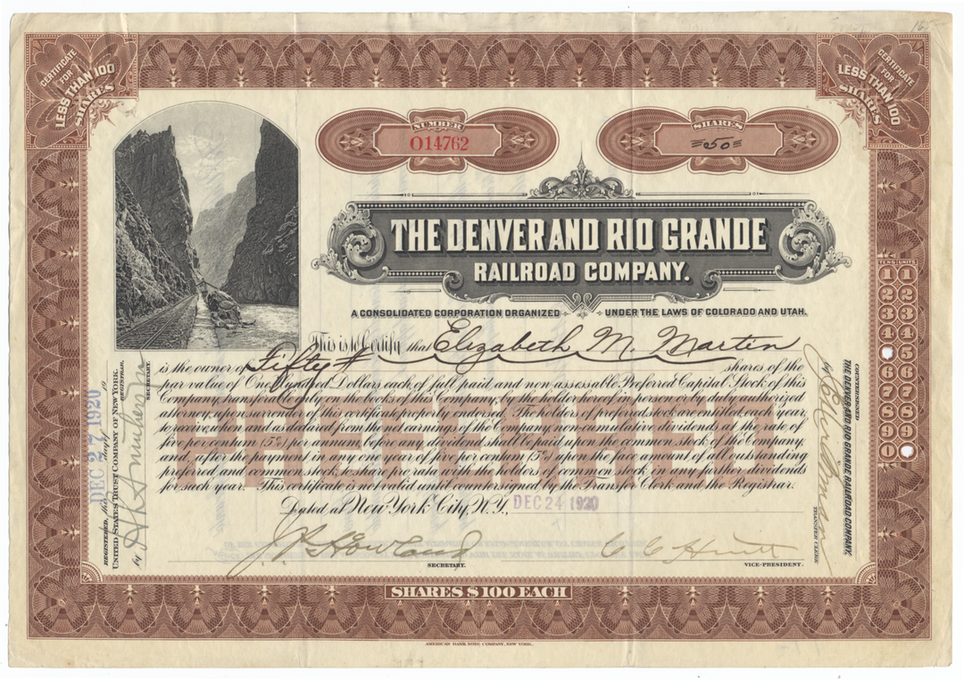 Denver and Rio Grande Railroad Company Stock Certificate