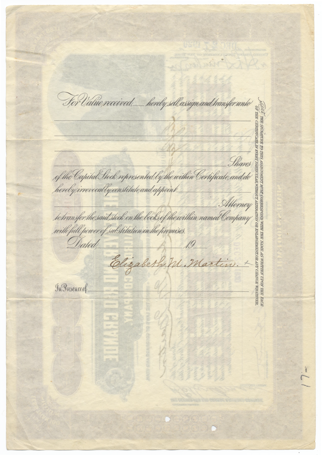 Denver and Rio Grande Railroad Company Stock Certificate