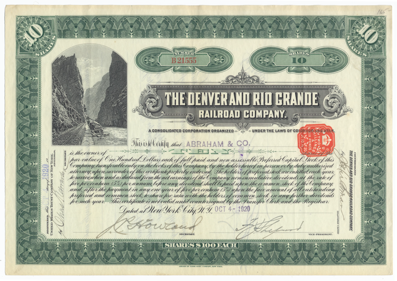 Denver and Rio Grande Railroad Company Stock Certificate