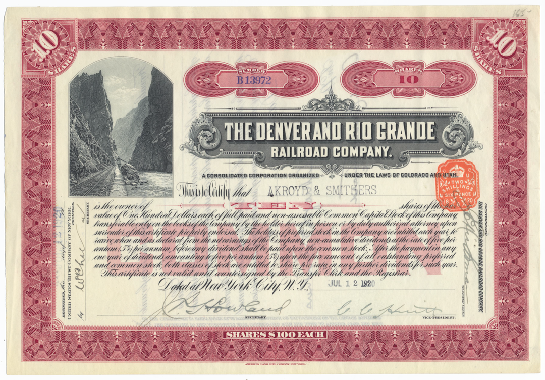 Denver and Rio Grande Railroad Company Stock Certificate