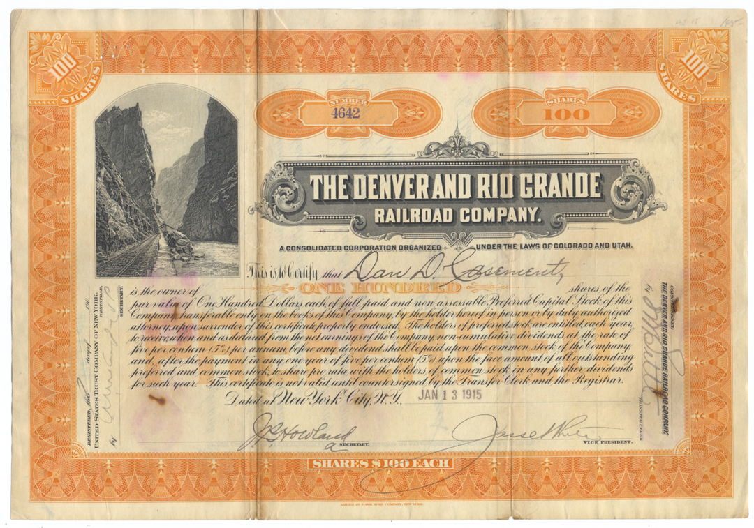 Denver and Rio Grande Railroad Company Stock Certificate