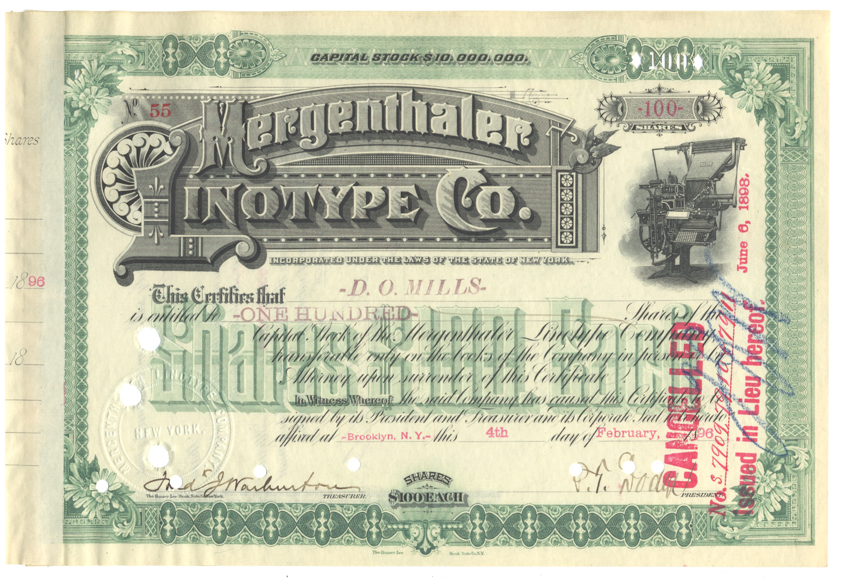 Mergenthaler Linotype Company Stock Certificate Signed by Ogden Mills