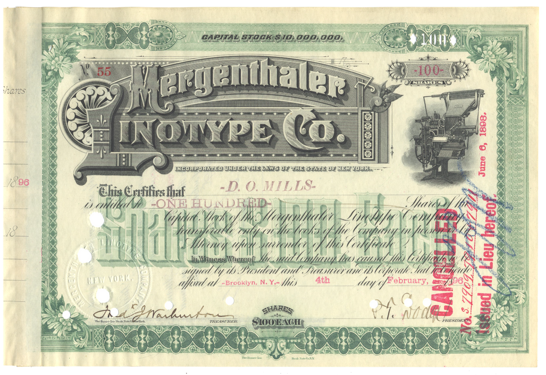 Mergenthaler Linotype Company Stock Certificate Signed by Ogden Mills