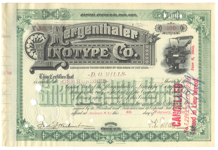 Mergenthaler Linotype Company Stock Certificate Signed by Ogden Mills