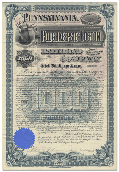 Pennsylvania, Poughkeepsie and Boston Railroad Company Bond Certificate