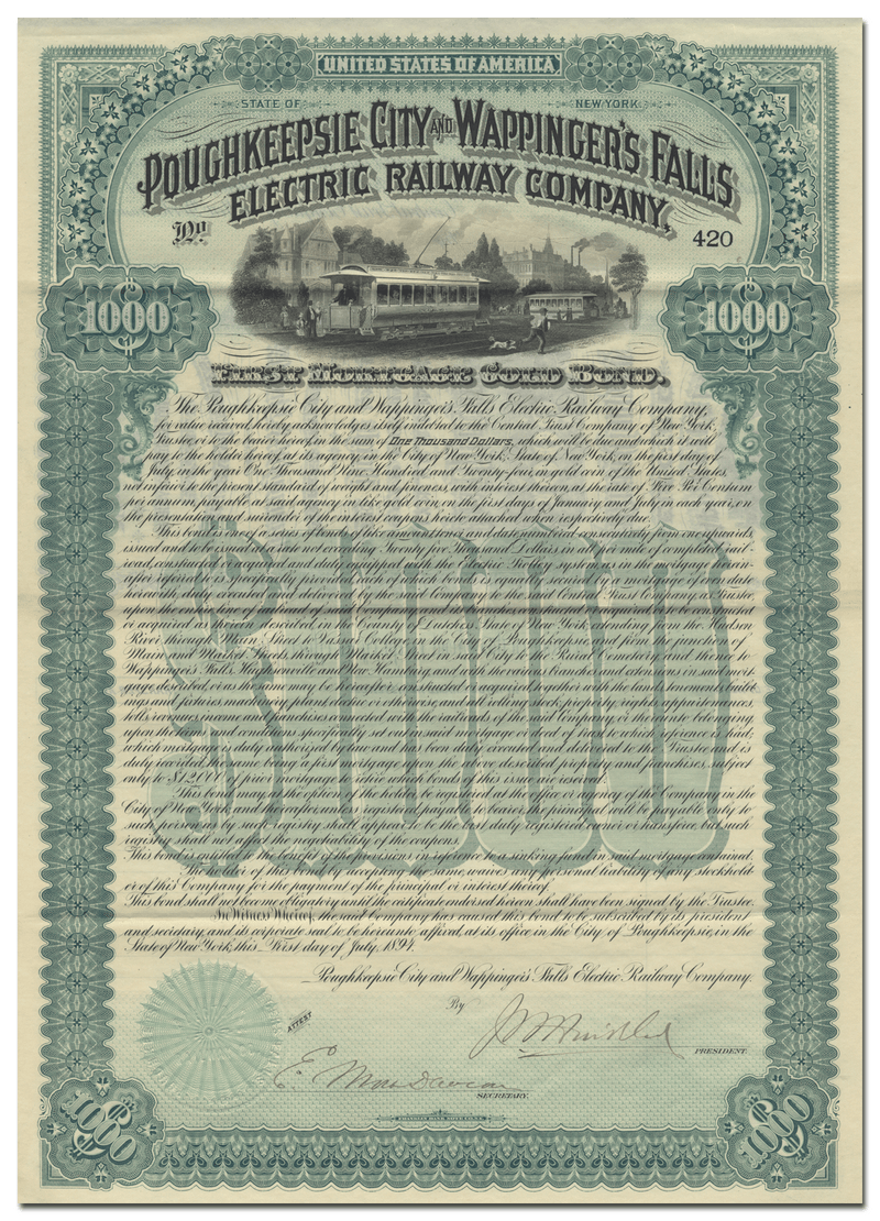 Poughkeepsie City and Wappingers Falls Electric Railway Company Bond Certificate
