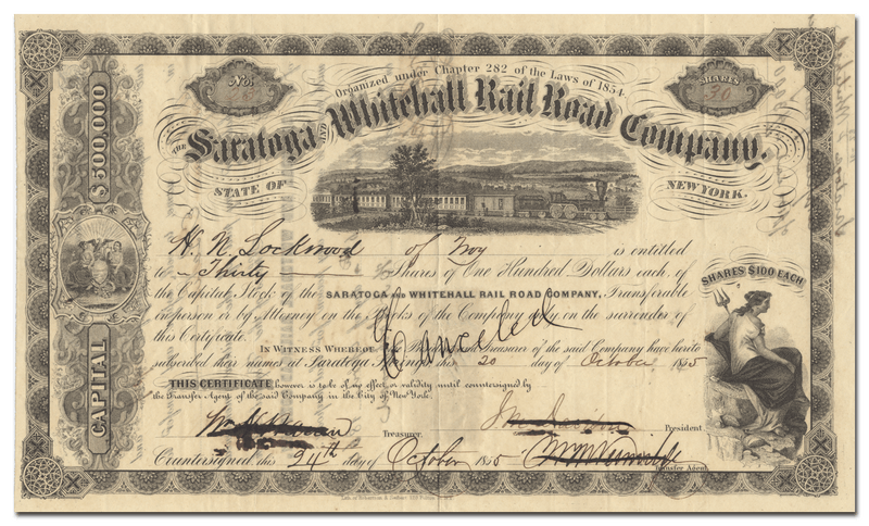 Saratoga and Whitehall Rail Road Company Stock Certificate
