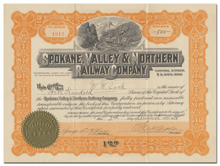 Spokane, Valley & Northern Railway Company Stock Certificate