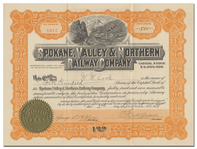 Spokane, Valley & Northern Railway Company Stock Certificate