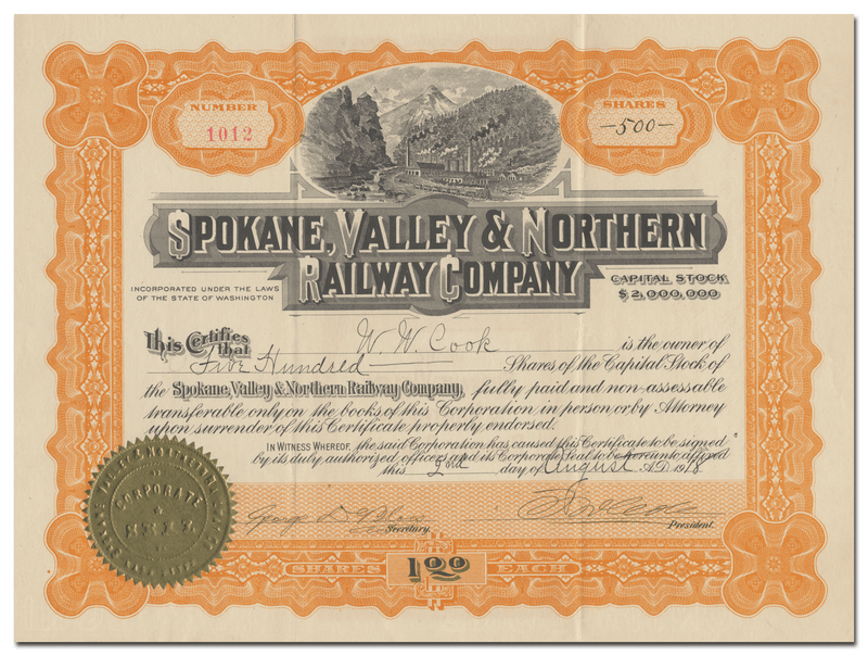 Spokane, Valley & Northern Railway Company Stock Certificate