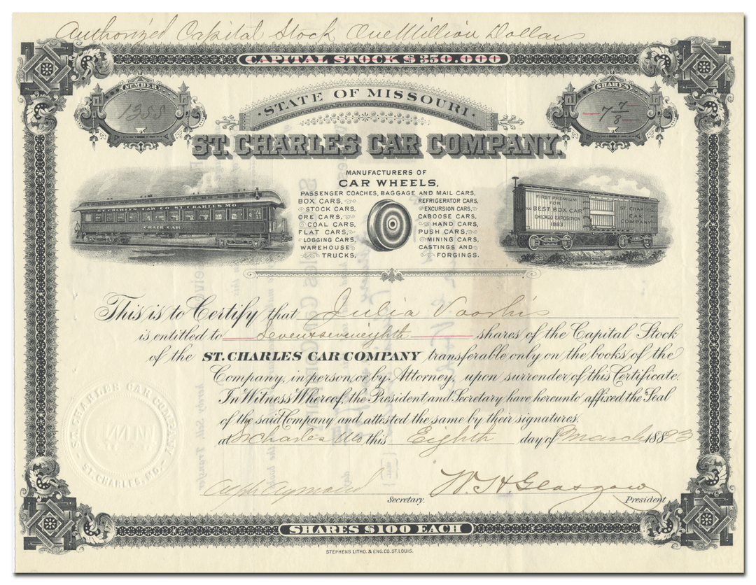 St. Charles Car Company Stock Certificate