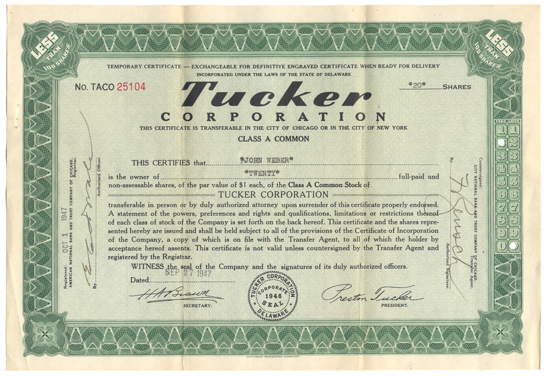 Tucker Corporation Stock Certificate