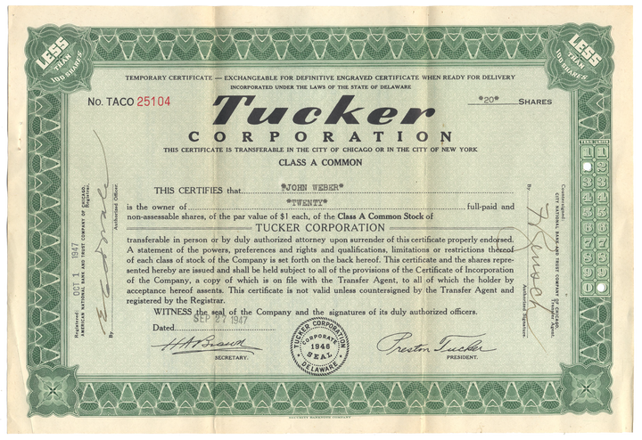 Tucker Corporation Stock Certificate