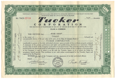 Tucker Corporation Stock Certificate